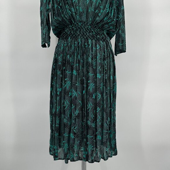 Vintage 1940s Teal and Black Rayon Crêpe, Chiffon Hand, Smocked Floral BoHo Dres - Picture 2 of 4
